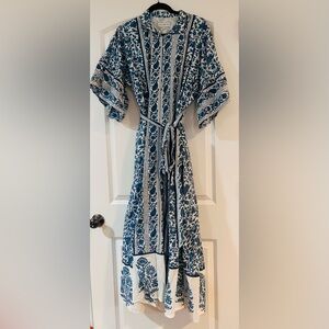 Sue sartor Blue & White Printed Maxi Dress with Tie Waist